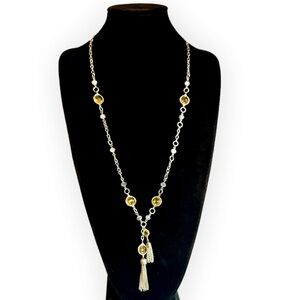 LOFT Silver Tassel Station Necklace | Yellow Crystals & Iridescent Beads | NWT